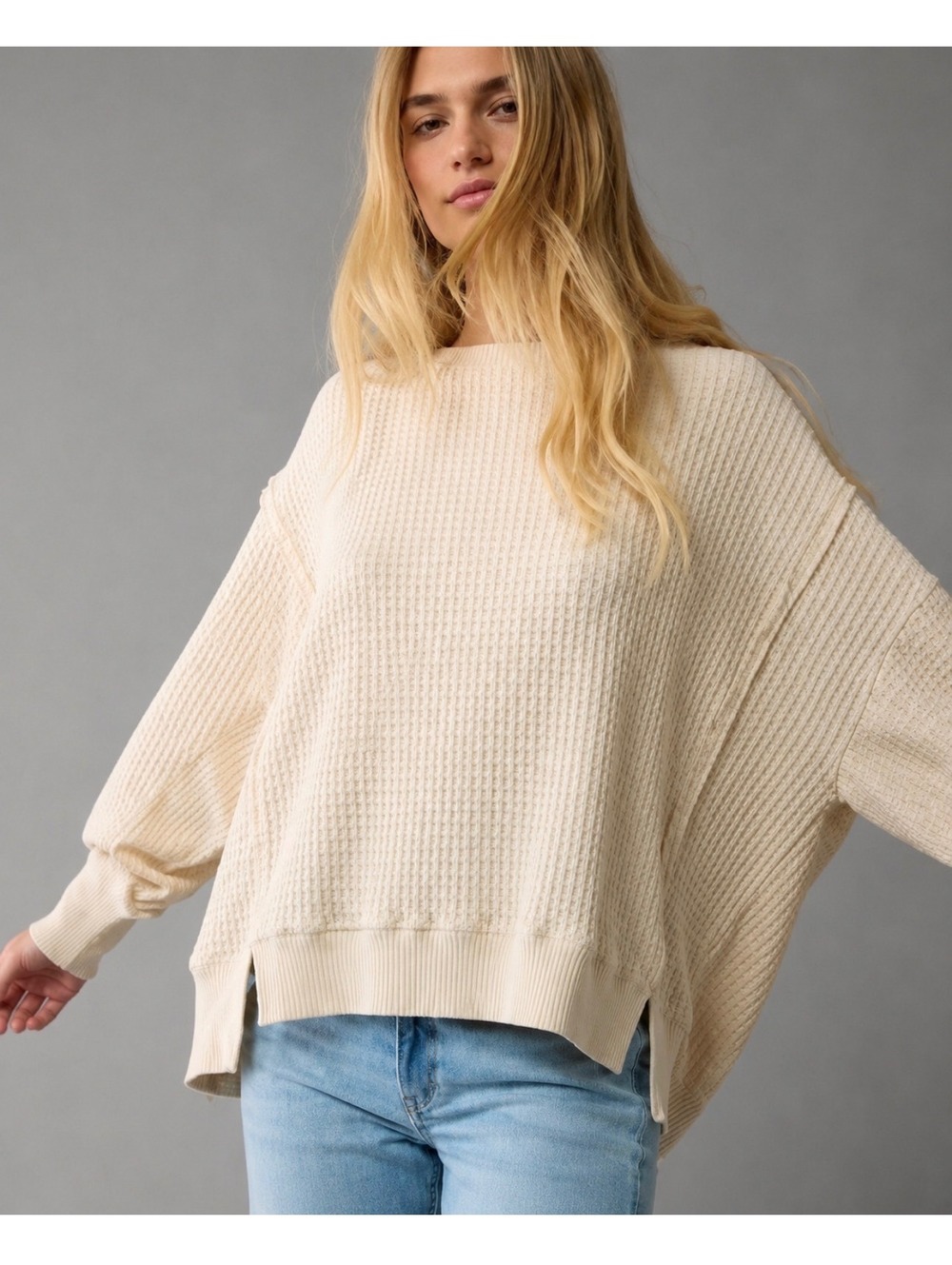 American Eagle Big Hug Waffle Sweatshirt Small Cream Oversized Slouchy
